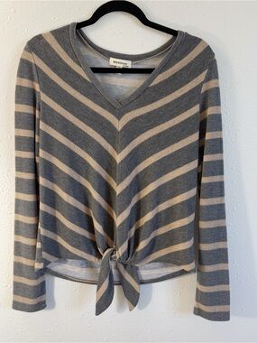 Monteau Gray and Tan‎ Striped Tie-Front V-Neck Top